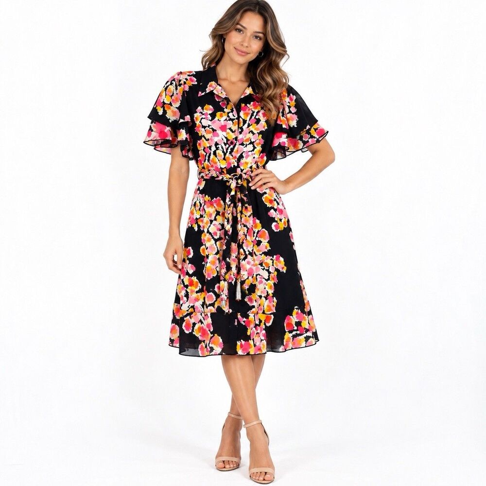 DYVNA 100% Silk Floral Midi Dress Size 10 Ruffle Sleeve Belted Cottagecore